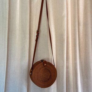 Round Rattan Woven Crossbody Bag – Natural Brown